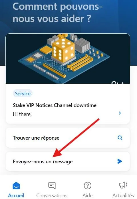 Cliquer sur Envoyez-nous un message dans le support Stake